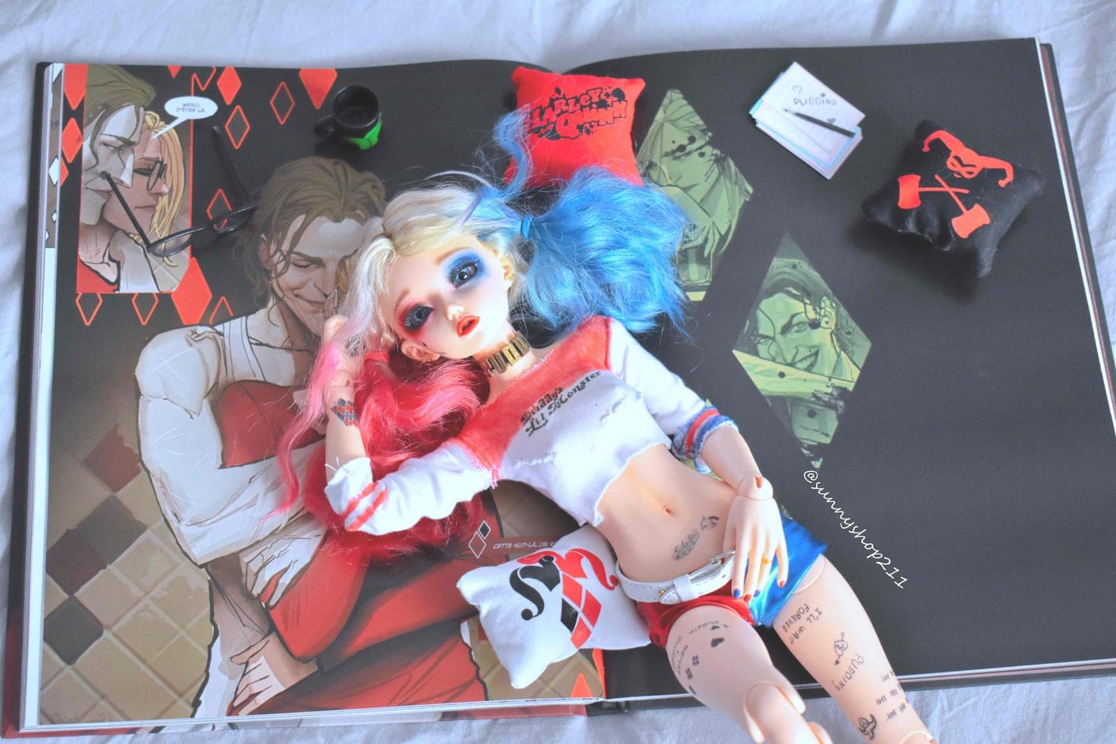 Coussins Harley/ joker miniature customisé 1/6 phicen, 1/4 MSD, minifee